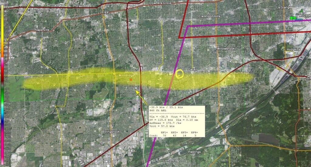 A yellow line on a satellite map showing the path of the tornado and how it skipped just past our trailer.